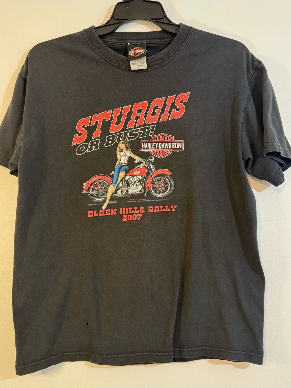 Harley Davidson Sturgis 2007 Black Hills Rally Graphic T Shirt L Faded USA